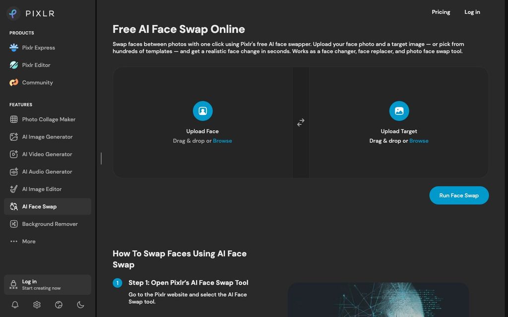 Pixlr official product page screenshot (pixlr-face-swap), September 25, 2026