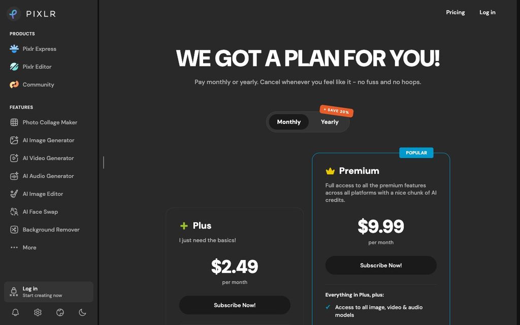 Pixlr official pricing page screenshot (pixlr-pricing), September 25, 2026