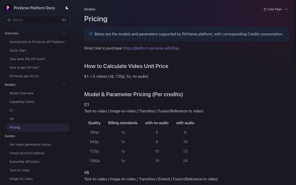 PixVerse API official pricing page screenshot (pixverse-api-pricing), September 25, 2026