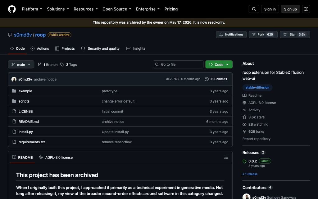 Roop official repository page screenshot (roop-repository), September 25, 2026