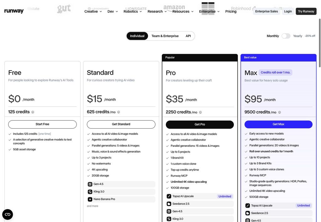 Runway official pricing page screenshot (runway-pricing), September 25, 2026