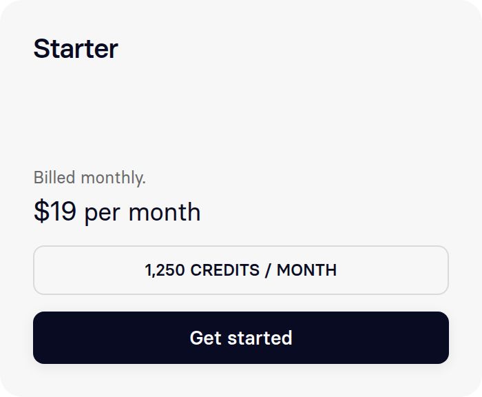 Synthesia Starter monthly plan: $19 per month with 1,250 monthly credits, captured October 10, 2026