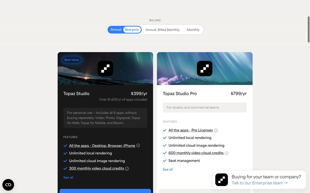 Topaz official pricing page screenshot (topaz-pricing), September 25, 2026