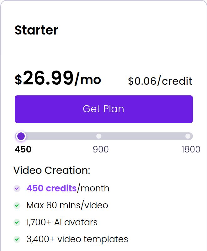 Vidnoz AI Starter monthly price of $26.99 and selected 450-credit allocation, captured October 10, 2026