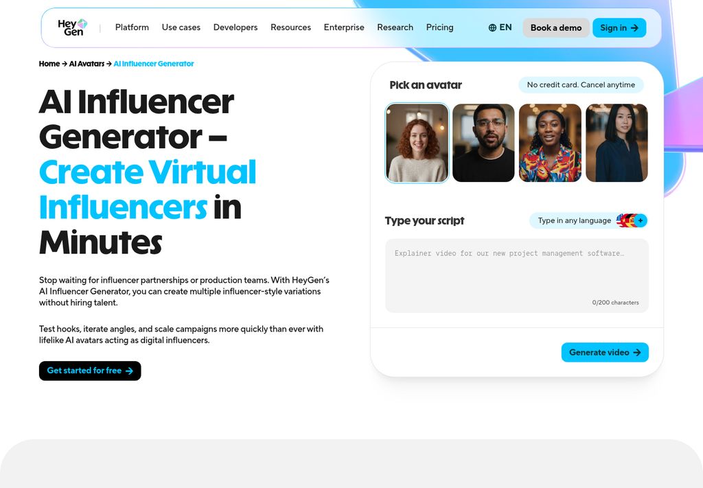 HeyGen official AI Influencer Generator page, captured October 14 2026