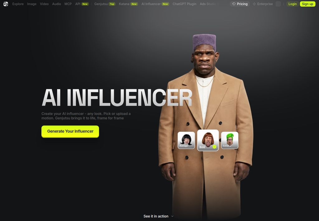 Higgsfield official AI Influencer page introducing its Genjutsu motion workflow, captured October 14 2026