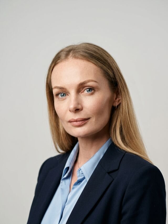 AI-generated headshot version of the portrait, with a navy blazer, pale-blue shirt and neutral background.