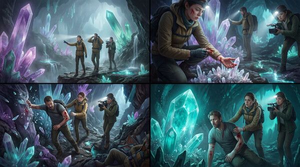 Existing Magic Hour four-panel storyboard example of explorers in a crystal cave, reproduced from the public product gallery