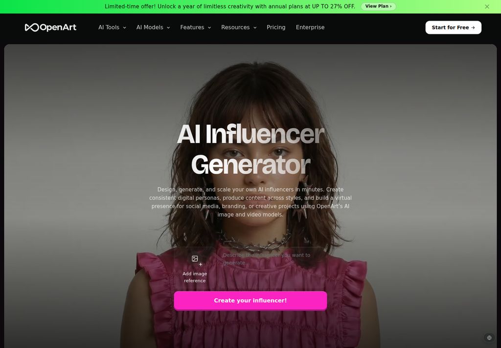OpenArt official AI Influencer page, captured October 14 2026