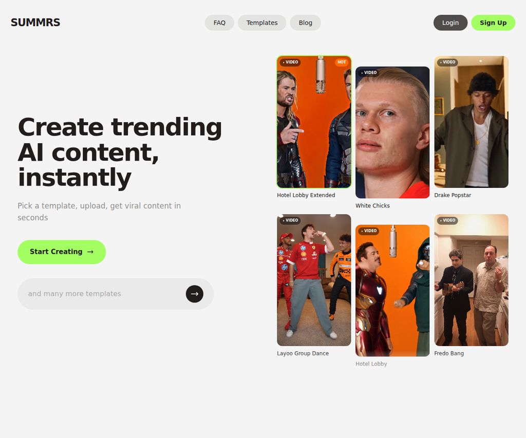 Summrs official public homepage on October 12, 2026 showing its named video templates and upload-led starting workflow
