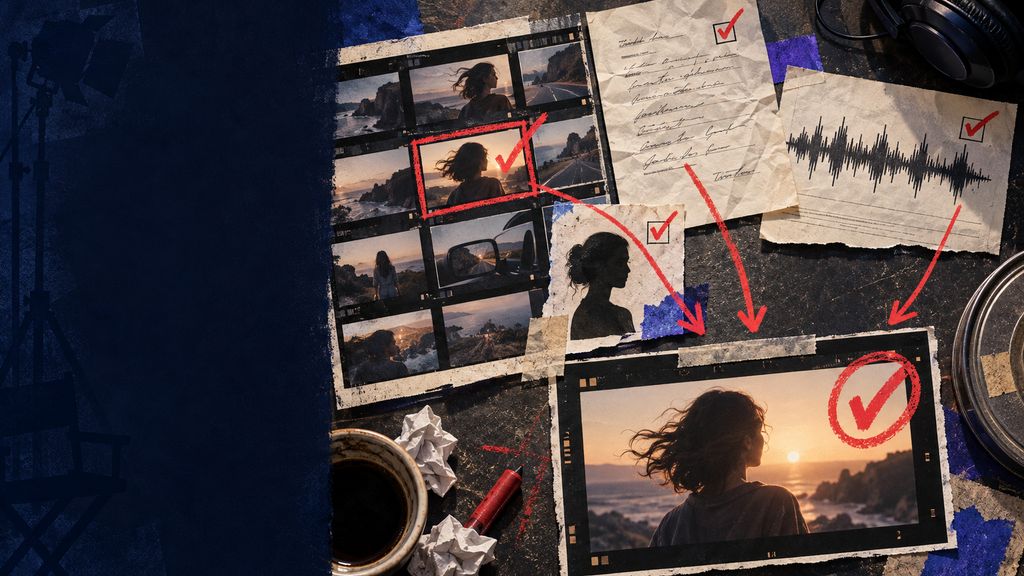 Film contact sheet, permission form, release silhouette and music waveform marked for commercial-use review