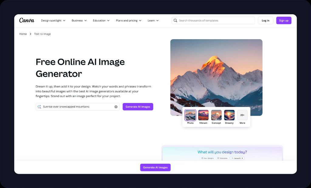 Screenshot of Canva AI art generator.