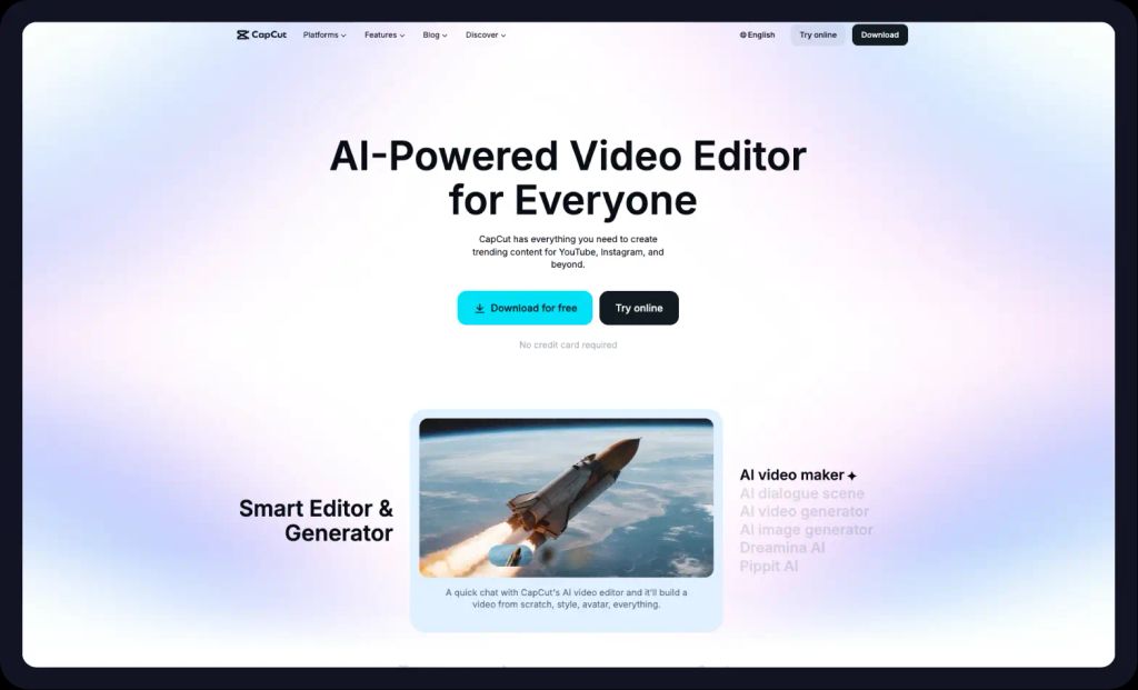 Screenshot of the CapCut homepage