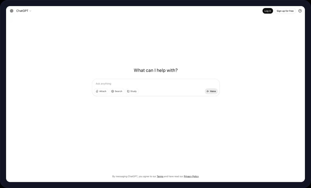 Screenshot of the ChatGPT homepage