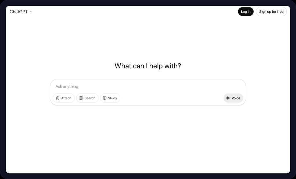Screenshot of the ChatGPT homepage.