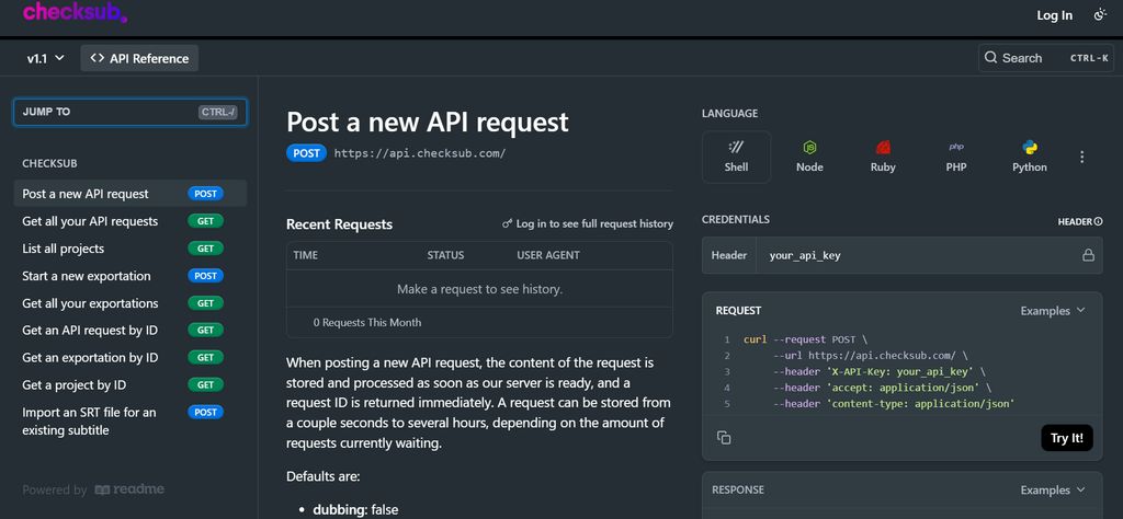 Checksub API dashboard for multilingual subtitle translation and dubbing