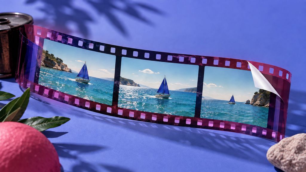 Conceptual editorial still life of sailboat film frames on a blue-violet surface with a peeling corner sticker