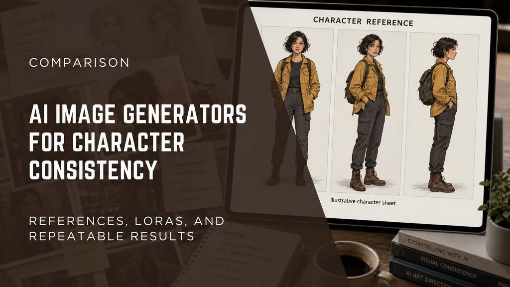 AI image generators for character consistency cover, with an illustrative three-view character sheet on a tablet.