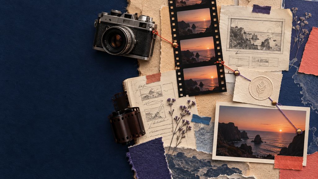 A physical provenance chain: camera, original film frame, edit notes, small stamped certificate, final frame connected by colored thread