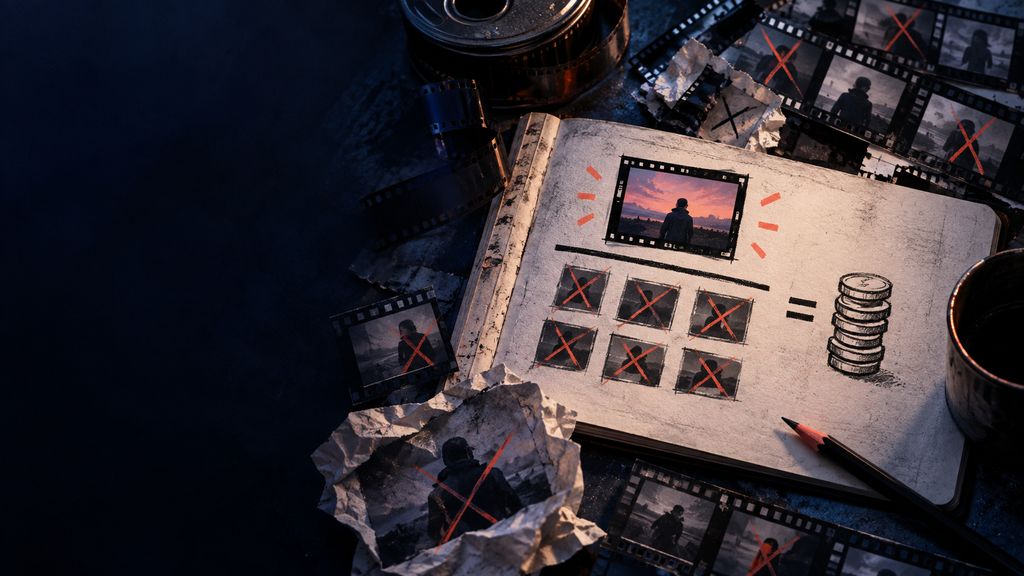 A production budget notebook, rejected film strips, one approved frame and a simple hand-drawn cost fraction made from abstract marks, showing accepted output vs wasted takes
