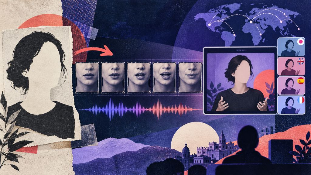 Editorial collage showing a still portrait becoming a talking avatar, translated video, and visual agent