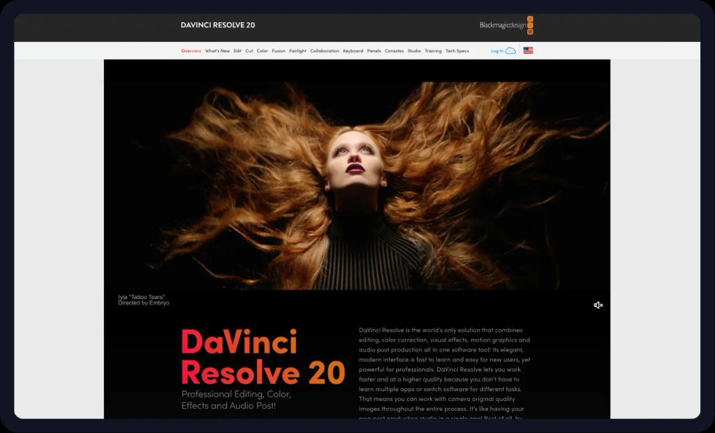 Screenshot of the Davinci Resolve homepage 