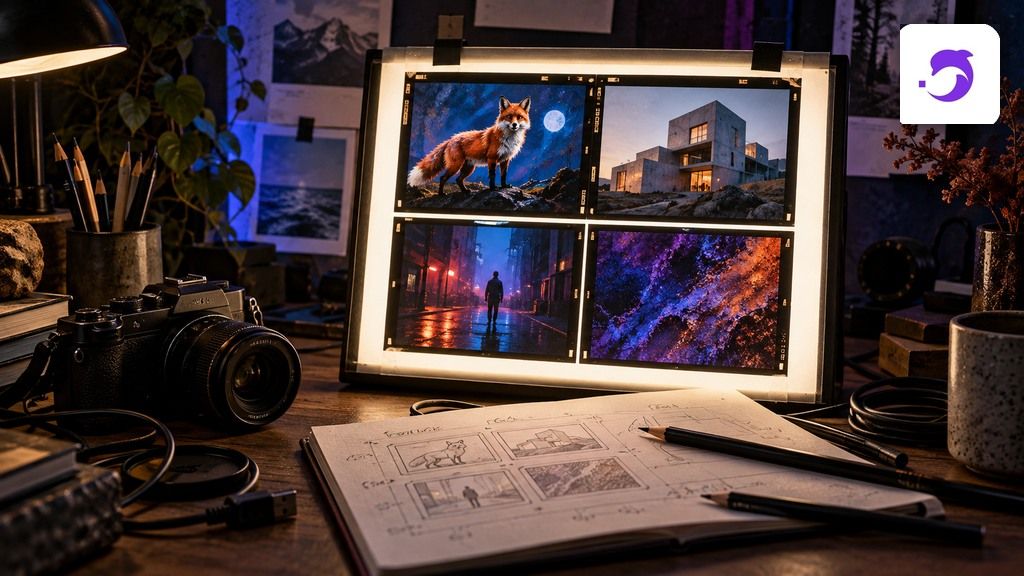 Creative image production desk with DeepAI logo