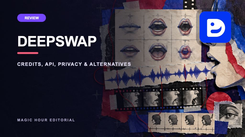 DeepSwap logo on a distinct editorial collage for a current review and alternatives guide