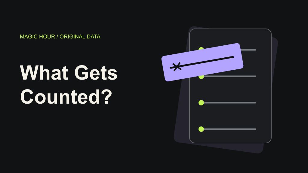 Magic Hour original platform data: What Gets Counted? Dark editorial ledger illustration with one excluded row, lime and violet accents.