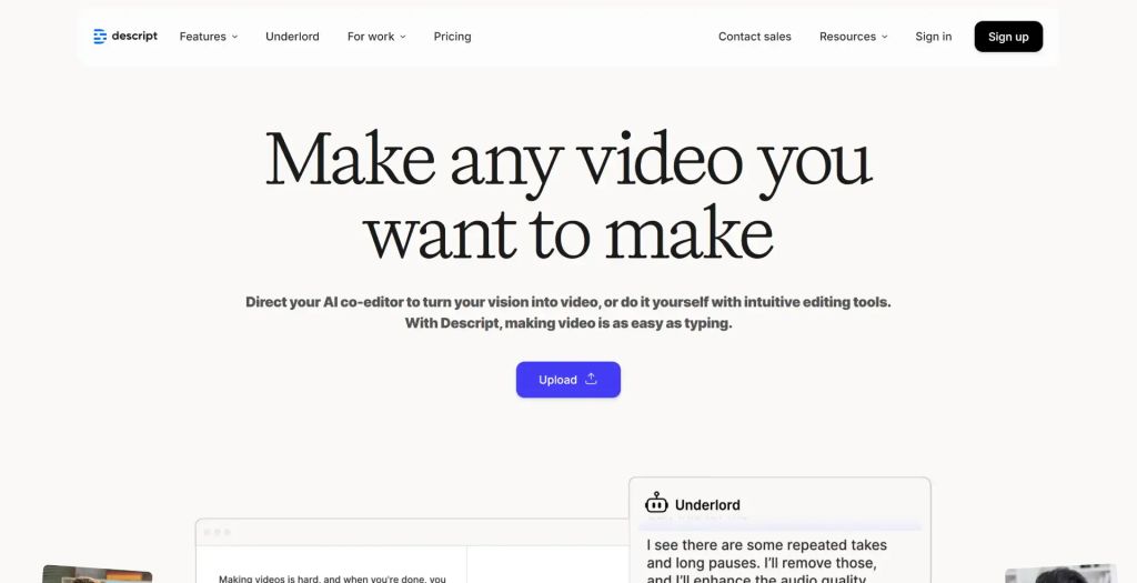 Screenshot of Descript ai home page
