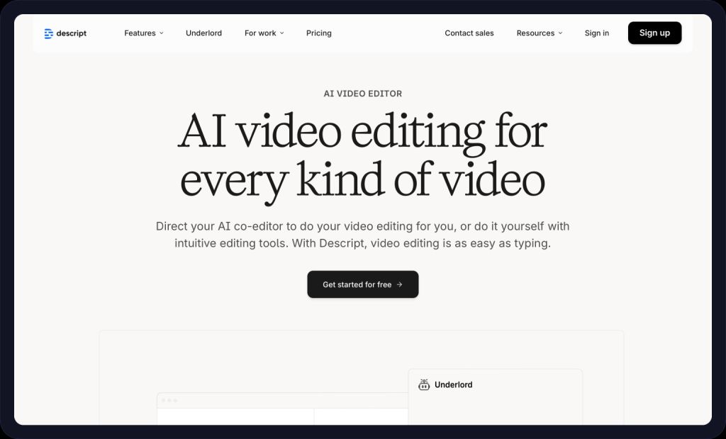 Screenshot of the Descript homepage.