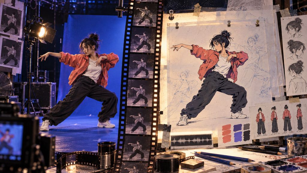 Editorial animation studio comparing a dancer with a matching hand-drawn anime character
