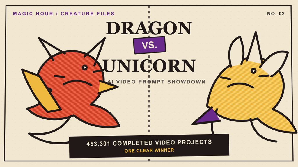 Editorial match poster showing a dragon facing a unicorn in AI video prompt data