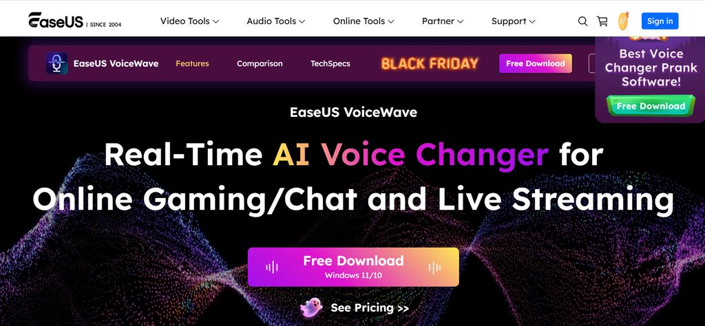 EaseUS VoiceWave software dashboard with real-time voice filters and tuning controls