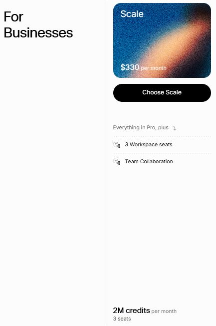 ElevenLabs pricing plans showing  Scale tiers