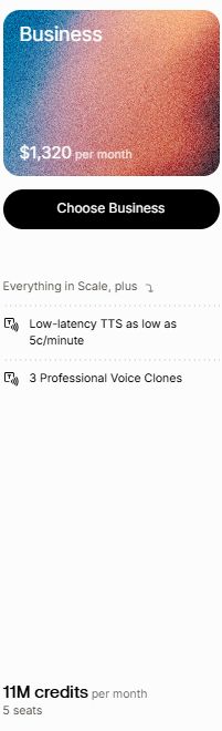 ElevenLabs pricing plans showing Business tiers