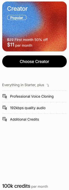 ElevenLabs pricing plans showing Creator tiers