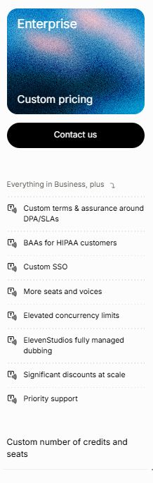 ElevenLabs pricing plans showing Enterprise tiers