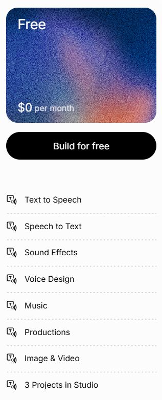 ElevenLabs pricing plans showing Free tiers