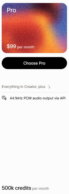ElevenLabs pricing plans showing Pro tiers
