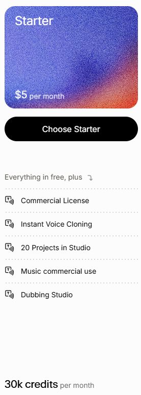 ElevenLabs pricing plans showing Starter tiers