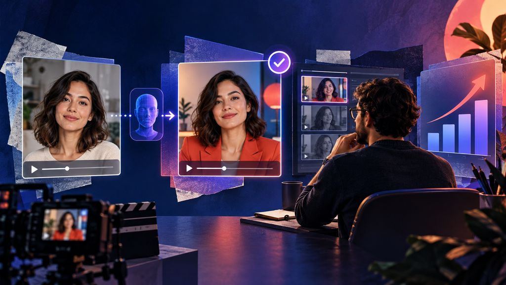 Editorial face-swap business workflow with source video, approved campaign frame, human review, and performance chart