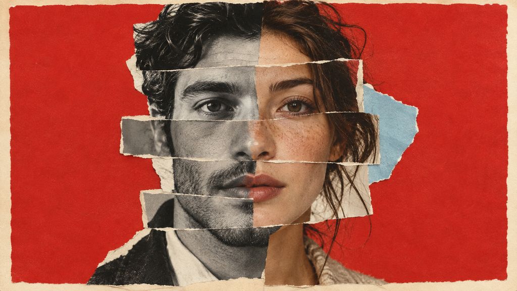 Editorial collage of two fictional adult portraits woven from photographic paper strips