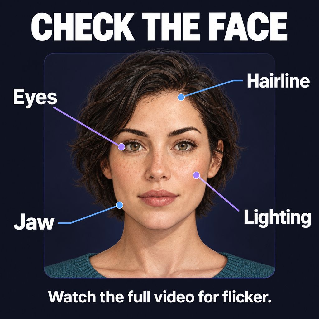 Face-swap inspection guide: check eyes, hairline, jaw and lighting; watch the full video for flicker