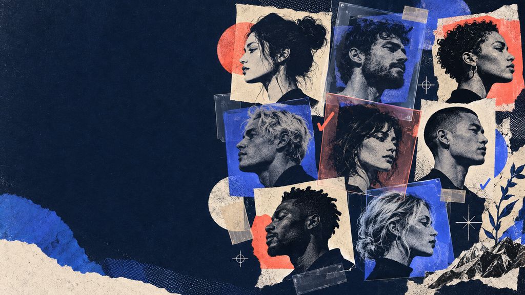 Editorial collage of fictional profile portraits for an eight-platform face-swap research report