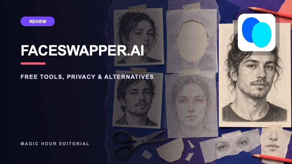 FaceSwapper.ai logo on a distinct editorial collage for a current review and alternatives guide