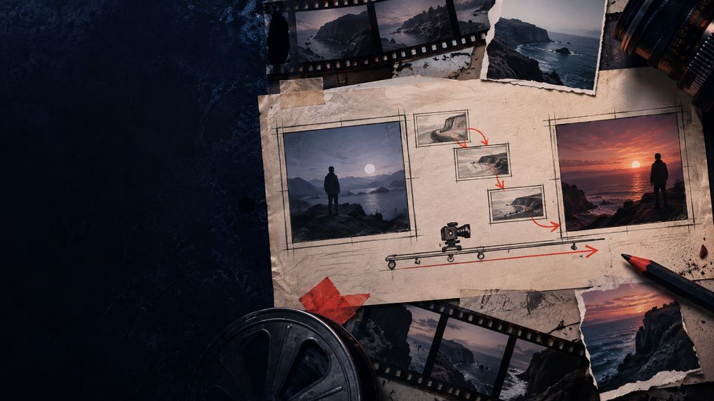 Storyboard paper with a clearly distinct opening frame and closing frame, arrows showing a physical camera move between them