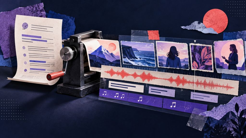 Editorial collage of a paper script becoming video scenes, narration waveform, captions, music, and an editing timeline