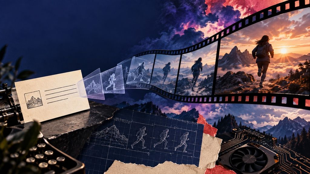 Editorial collage of a written video prompt unfolding into cinematic motion frames beside an open model blueprint and GPU