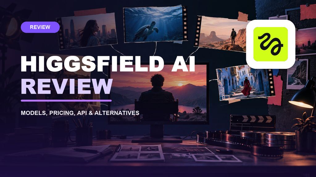 Higgsfield AI review cover with the official Higgsfield logo and AI filmmaking workflow imagery